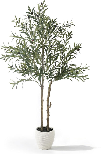 KOL 5.2ft Artificial Olive Tree Indoor, Tall Faux Olive Trees, Fake Olive Tree Floor Plant for Home Office Living Room Decor with Matte Black Pot