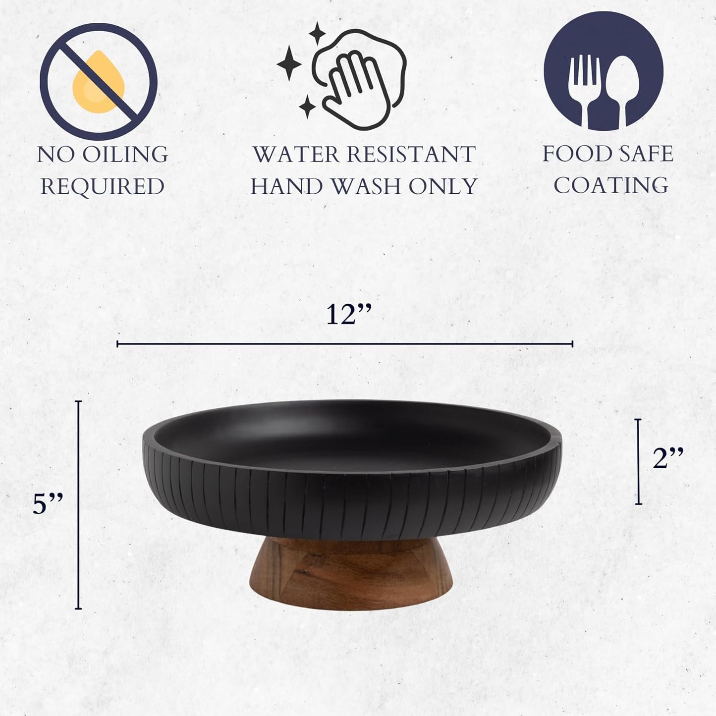 Mango Wood fruit bowl, Decorative black bowl with natural finish pedestal | 12" dia | Dual tone look | Use as Centerpiece for kitchen counter or dining table (Black)