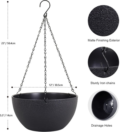 Meowell 10 inch Hanging Planters for Indoor Outdoor Plants, 2 Pack Hanging Flower Pots with Drainage Holes and Chain for Garden Porch, Plastic Hanging Baskets for House Plants, Speckled Grey