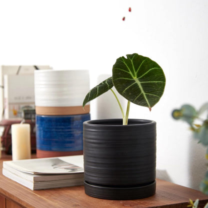 HERDUK 6 Inch Plant Pots, Ceramic Planter Pot with Drainage Hole & Saucer, Indoor/Outdoor Cylinder Round Planter Pot, Green & Beige
