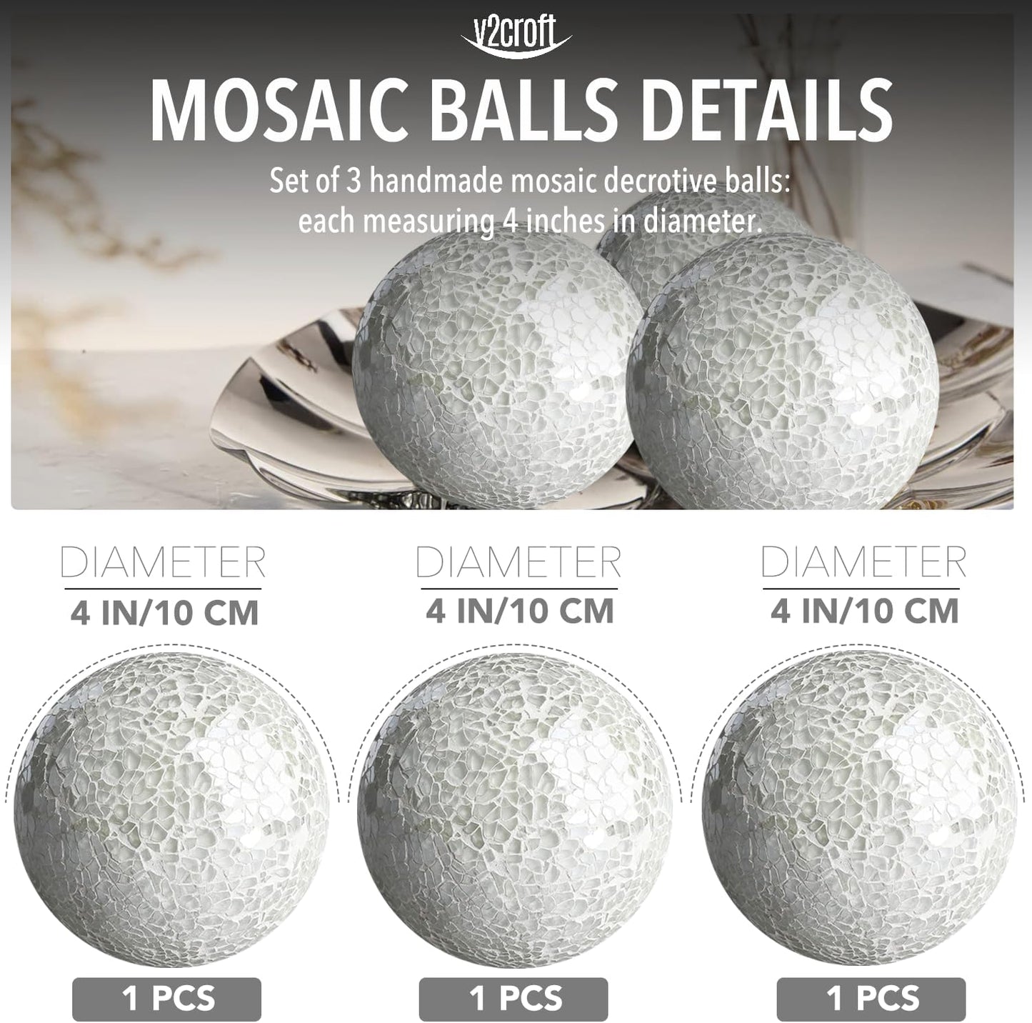 4in Decorative Mosaic Sphere Orbs Set of 3, Glass Balls for Whole Housewares,Wedding/Birthday,Bowls,Vases Dining Table Centerpieces(Silver,Black,Blue)