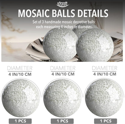 4in Decorative Mosaic Sphere Orbs Set of 3, Glass Balls for Whole Housewares,Wedding/Birthday,Bowls,Vases Dining Table Centerpieces(Silver,Black,Blue)