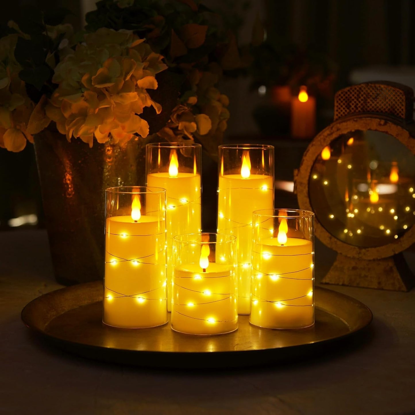 Homemory Flameless Candles with Embedded Star String Fairy Lights, Battery Operated Candles, LED Candle, Fake Candles with Remote Control and Timer for Halloween, Gray Acrylic, Set of 5(H4"5"6"8"8")