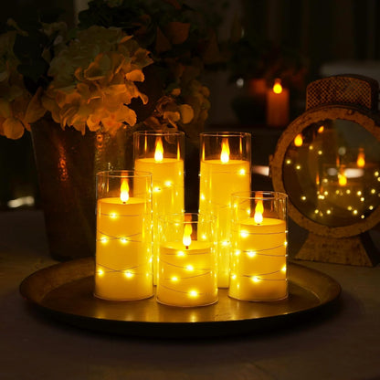 Homemory Flameless Candles with Embedded Star String Fairy Lights, Battery Operated Candles, LED Candle, Fake Candles with Remote Control and Timer for Halloween, Gray Acrylic, Set of 5(H4"5"6"8"8")