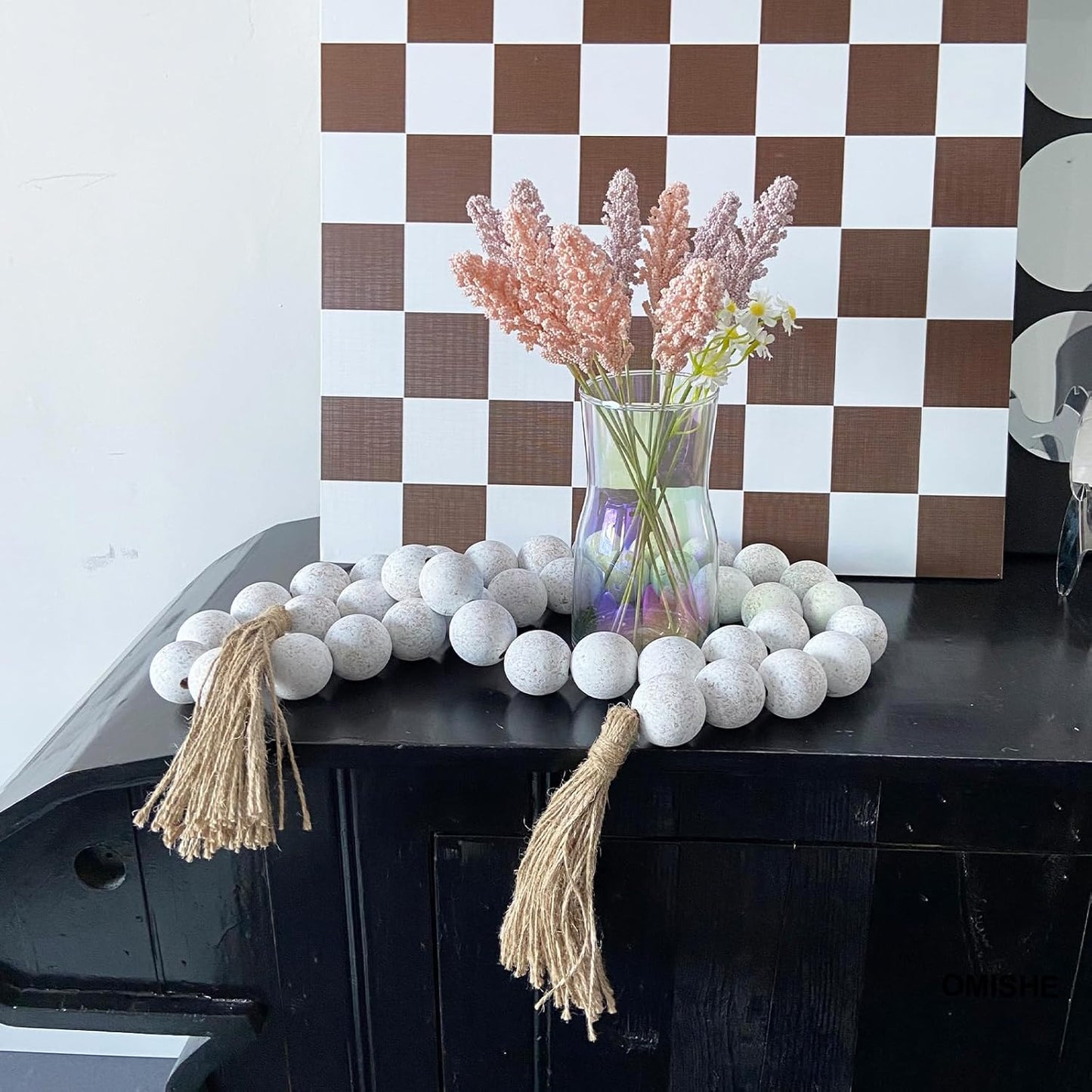 OMISHE Extra Large Wood Bead Garland with 1.6" Diameter Wooden Beads and Tassels, 41" Long Rustic Farmhouse Country Decorative Beads for Home Tiered Tray Decor, Natural Beige