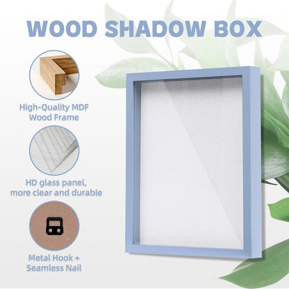 Muzilife 8x8 Shadow Box Picture Frame with Linen Board - Deep Wood & Glass Display Case Ready to Hang Memory Box Baby Sports Memorabilia, Pins, Awards, Medals, Wedding, Tickets and Photos (Black)