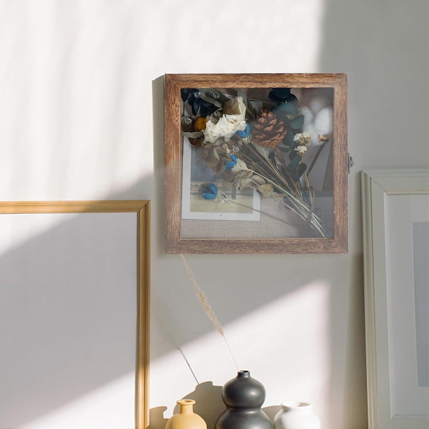 GraduatePro Shadow Box Frame 11x14 Display Case with Linen Back, Real Glass Window Door with Hinge, Picture Frame Wedding Bouquet Memorabilia Medals Photos Memory Box for Keepsakes, Carbonized Black