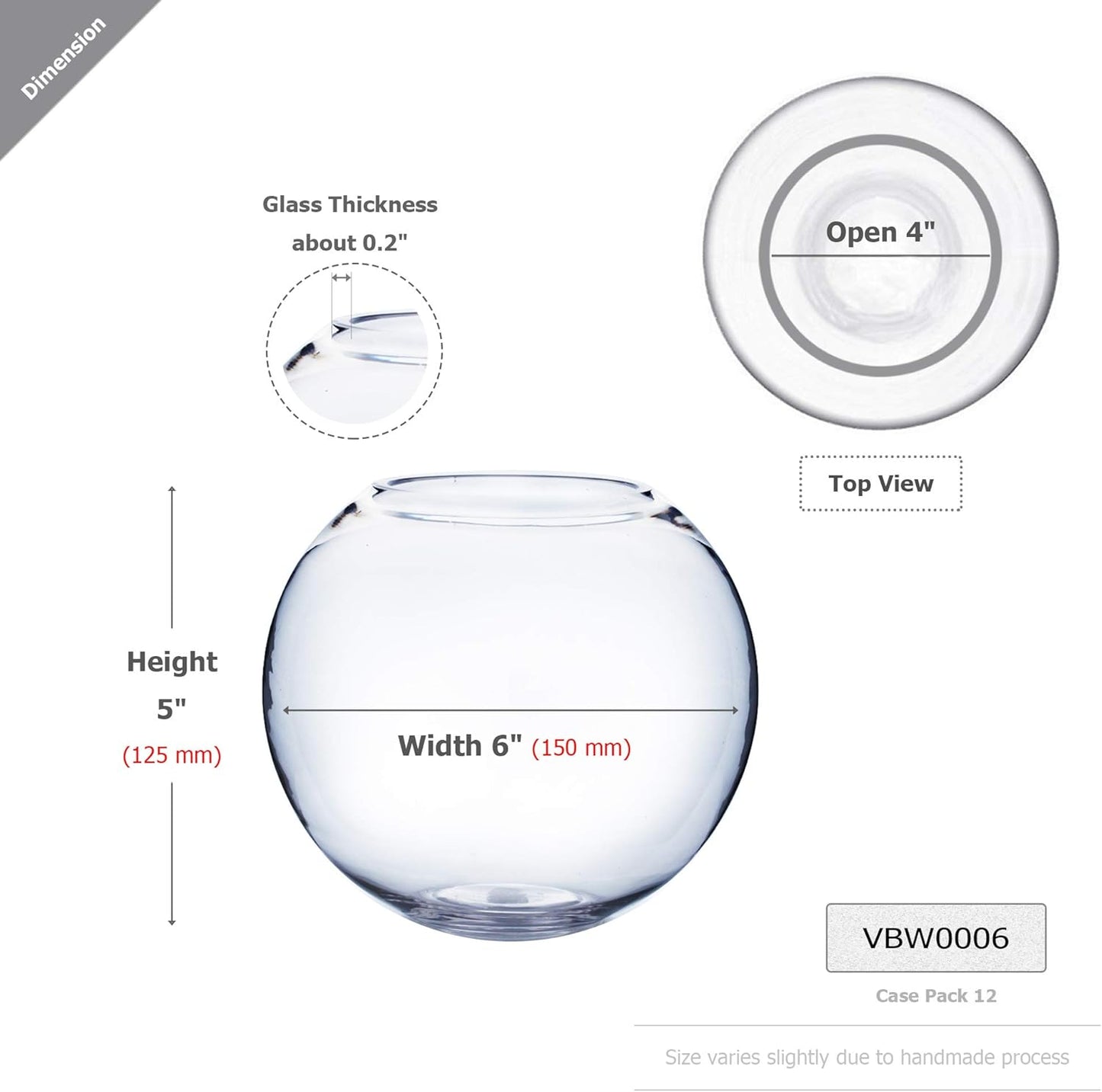 WGV Bowl Glass Vase, Diameter 6", Height 4.5", Open Width 4", (Multiple Sizes Choices) Clear Bubble Planter Terrarium Fish Bowl for Wedding Event Home Decor, 1 Piece (VBW0006A)