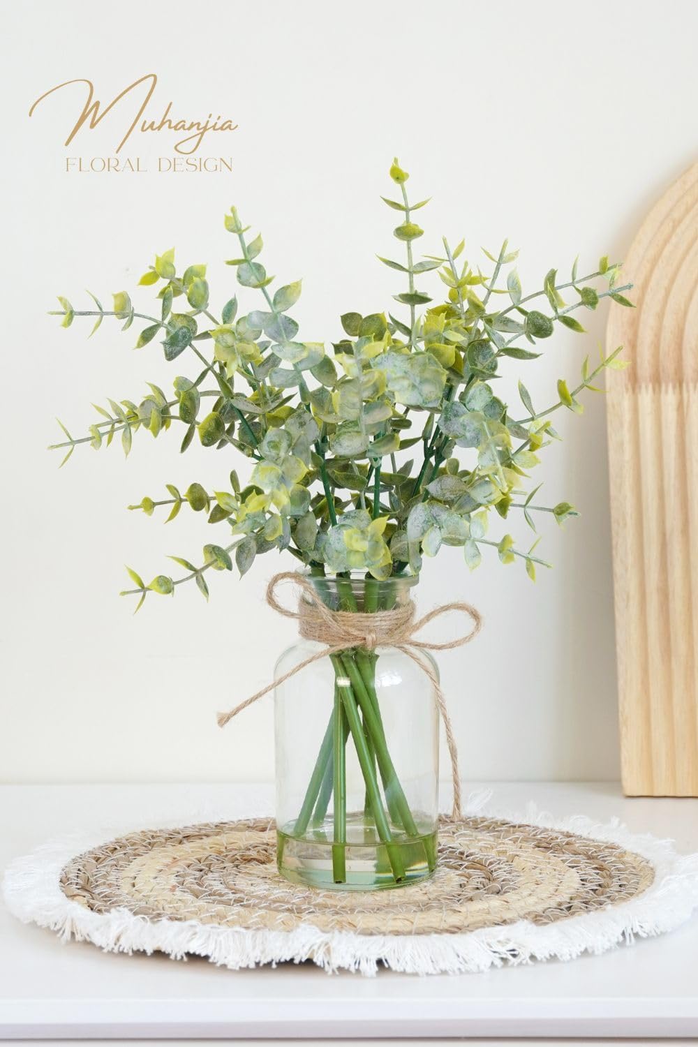 Muhanjia Artificial Eucalyptus Stems in Glass Vase with Faux Water,3Pcs Fake Plant with Double-Sided Green Leaves for Centerpiece(Double-Sided Green Eucalyptus)
