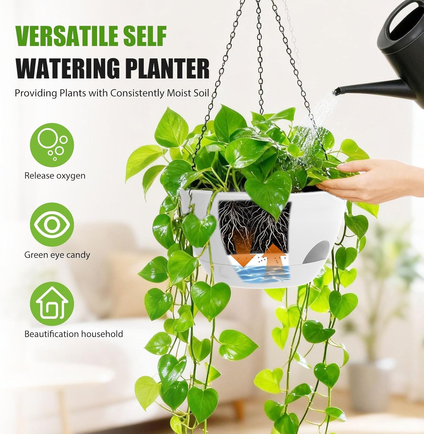 8 Inch Hanging Planters for Indoor Outdoor Plants, 4 Pack Black Plastic Self Watering Hanging Baskets with Drainage Holes and Chain for Garden Porch