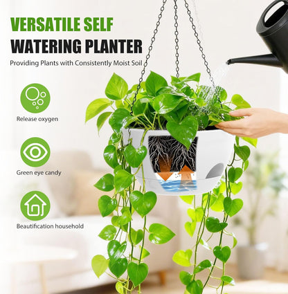 8 Inch Hanging Planters for Indoor Outdoor Plants, 4 Pack Black Plastic Self Watering Hanging Baskets with Drainage Holes and Chain for Garden Porch