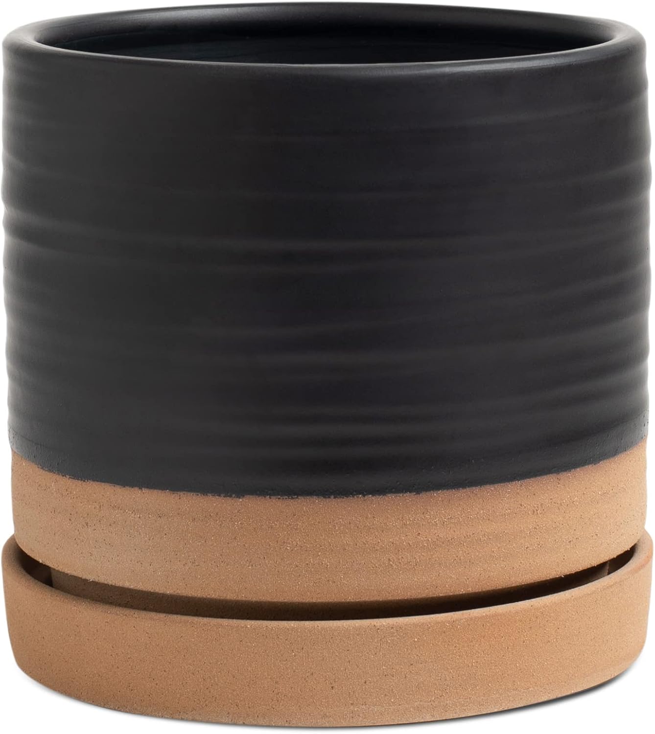 HERDUK 6 Inch Plant Pots, Ceramic Planter Pot with Drainage Hole & Saucer, Indoor/Outdoor Cylinder Round Planter Pot, Green & Beige