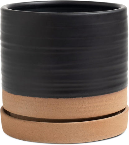 HERDUK 6 Inch Plant Pots, Ceramic Planter Pot with Drainage Hole & Saucer, Indoor/Outdoor Cylinder Round Planter Pot, Green & Beige