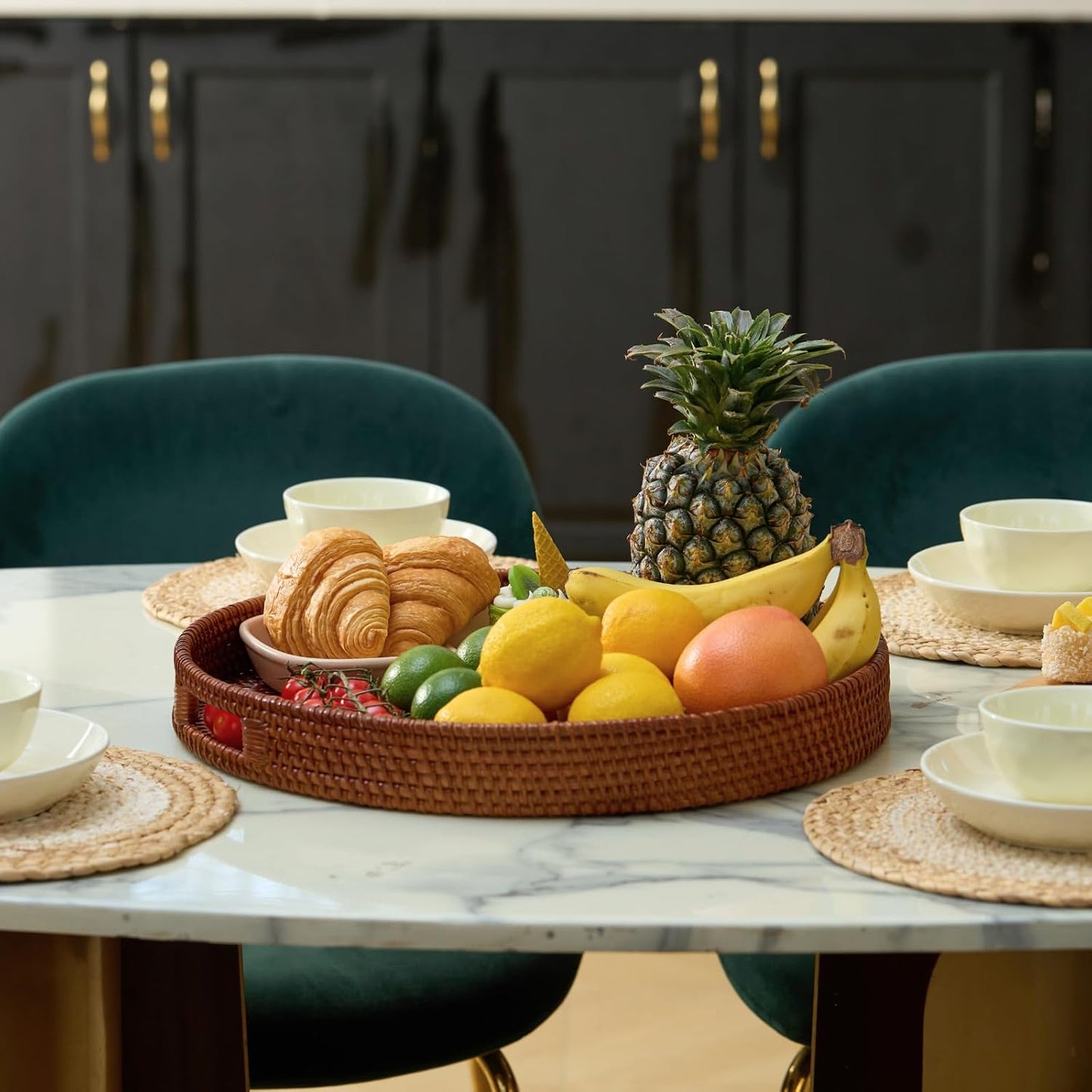 13.8 inch Round Rattan Tray, Decorative Coffee Table Tray, Ottoman Tray, Woven Serving Tray with Handles, Wicker Serving Basket, Whitewash