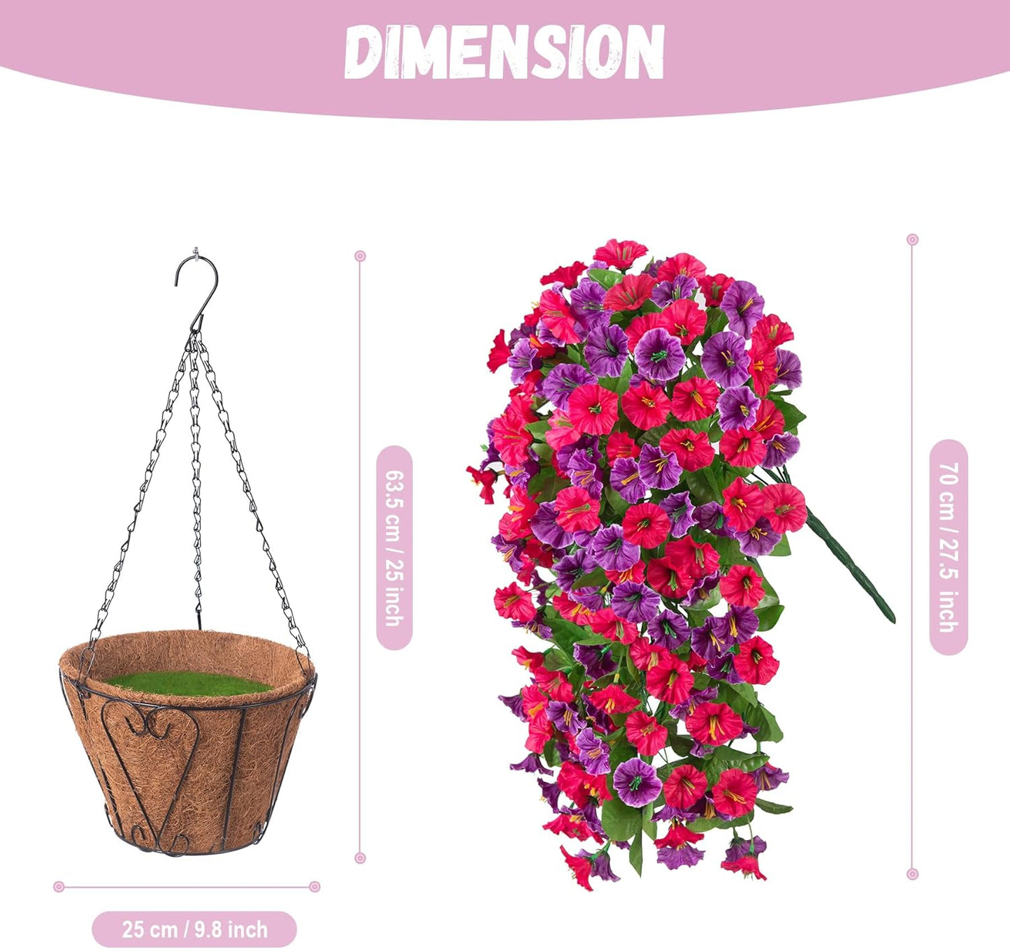 INXUGAO Artificial Flowers with Hanging Basket, Outdoor Faux Plants Silk Morning Glory Vines, Fake Green Arrangement for Garden Patio Spring Summer Decor(4pcs,Darkorchid)