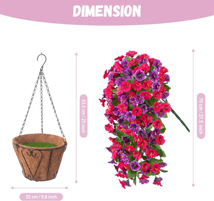 INXUGAO Artificial Flowers with Hanging Basket, Outdoor Faux Plants Silk Morning Glory Vines, Fake Green Arrangement for Garden Patio Spring Summer Decor(4pcs,Darkorchid)
