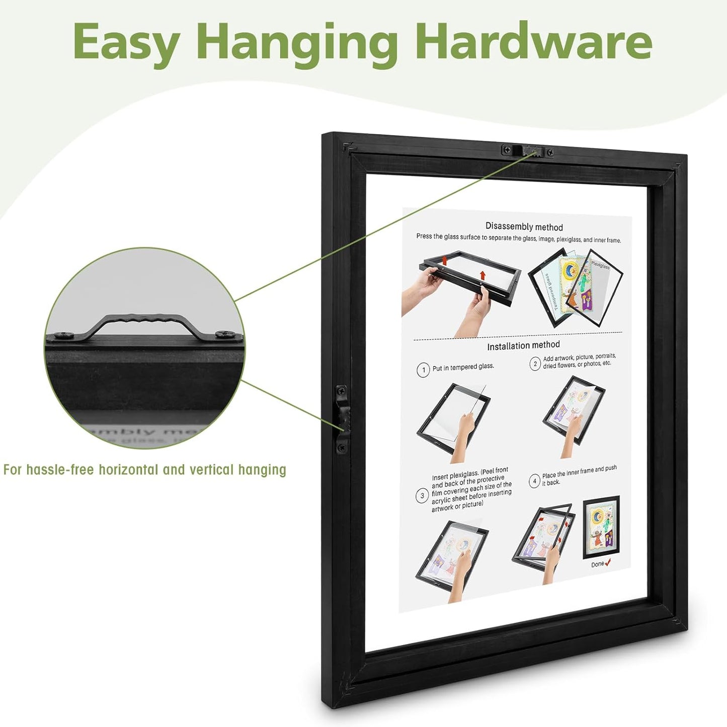 Golden State Art, 11X14 Floating Picture Frame, Black Wood Frame Display Any Size Photo Up To 11X14, Pressed Flower Frames with Hanging Hardware - Horizontal And Vertical Formats for Wall