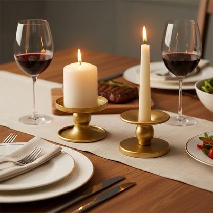 Table Gold Candle Holders – Set of 2 | Reversible Metal Candle Stand for Pillar & Taper Candles | Stylish Tabletop Candle Tray for Home Décor, Weddings & Special Occasions (Gold)