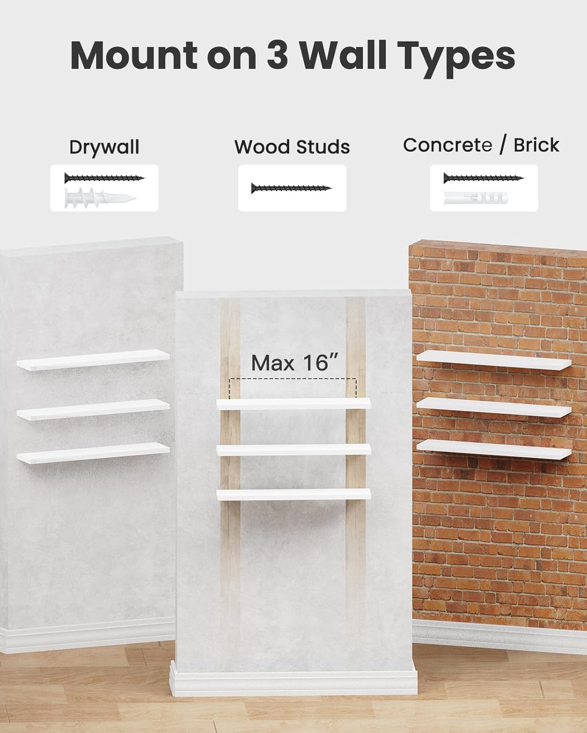 AMADA HOMEFURNISHING Floating Shelves, Wall Shelves for Bathroom/Living Room/Bedroom/Kitchen Decor, White Shelves with Invisible Brackets Set of 3 - AMFS08