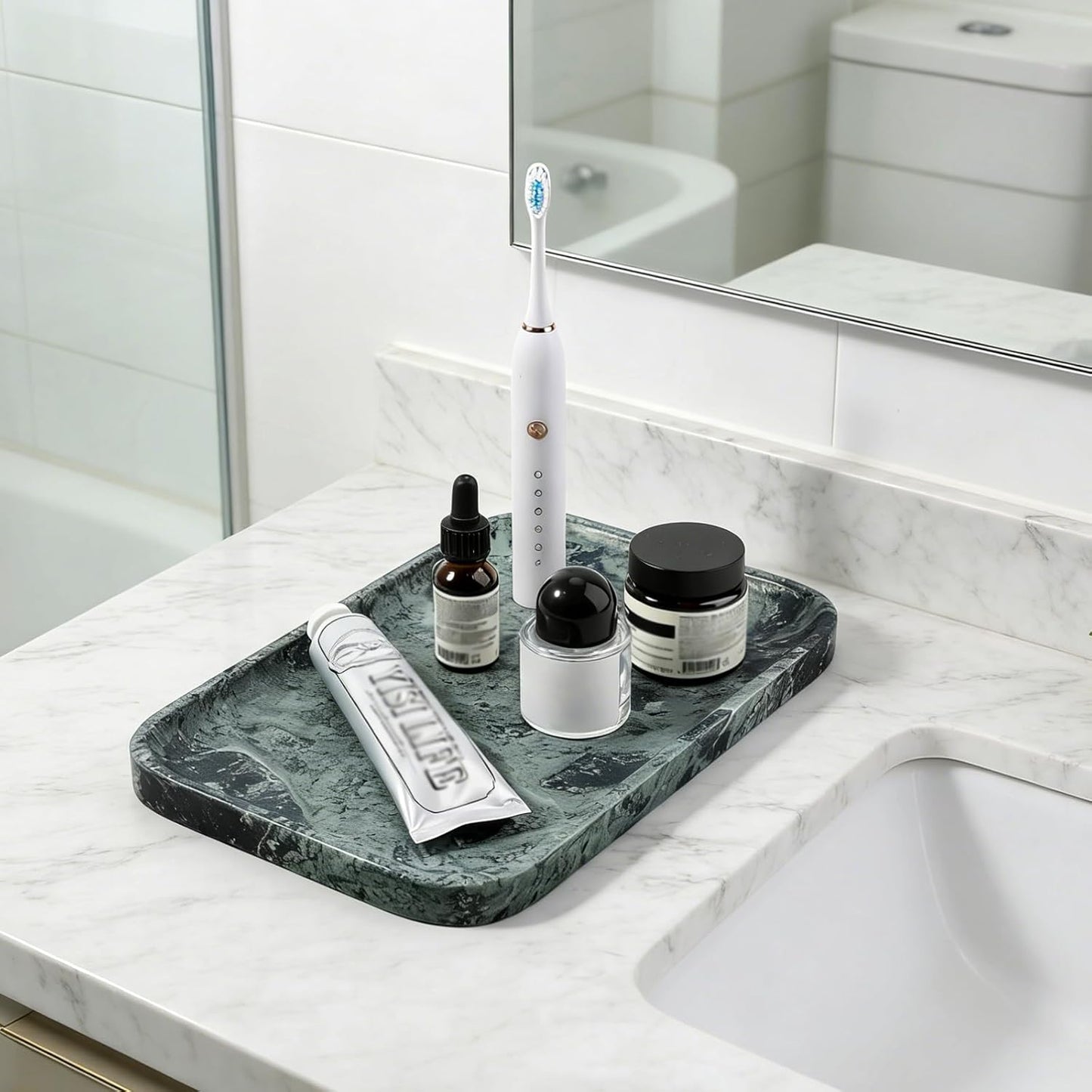 Koville Romano Travertine Tray, 12"x8" Natural Stone Vanity Tray for Countertop Bathroom Kitchen Dresser, Decorative Marble Catchall Trays for Perfume Jewelry, Rectangular Serving Tray(Beige)