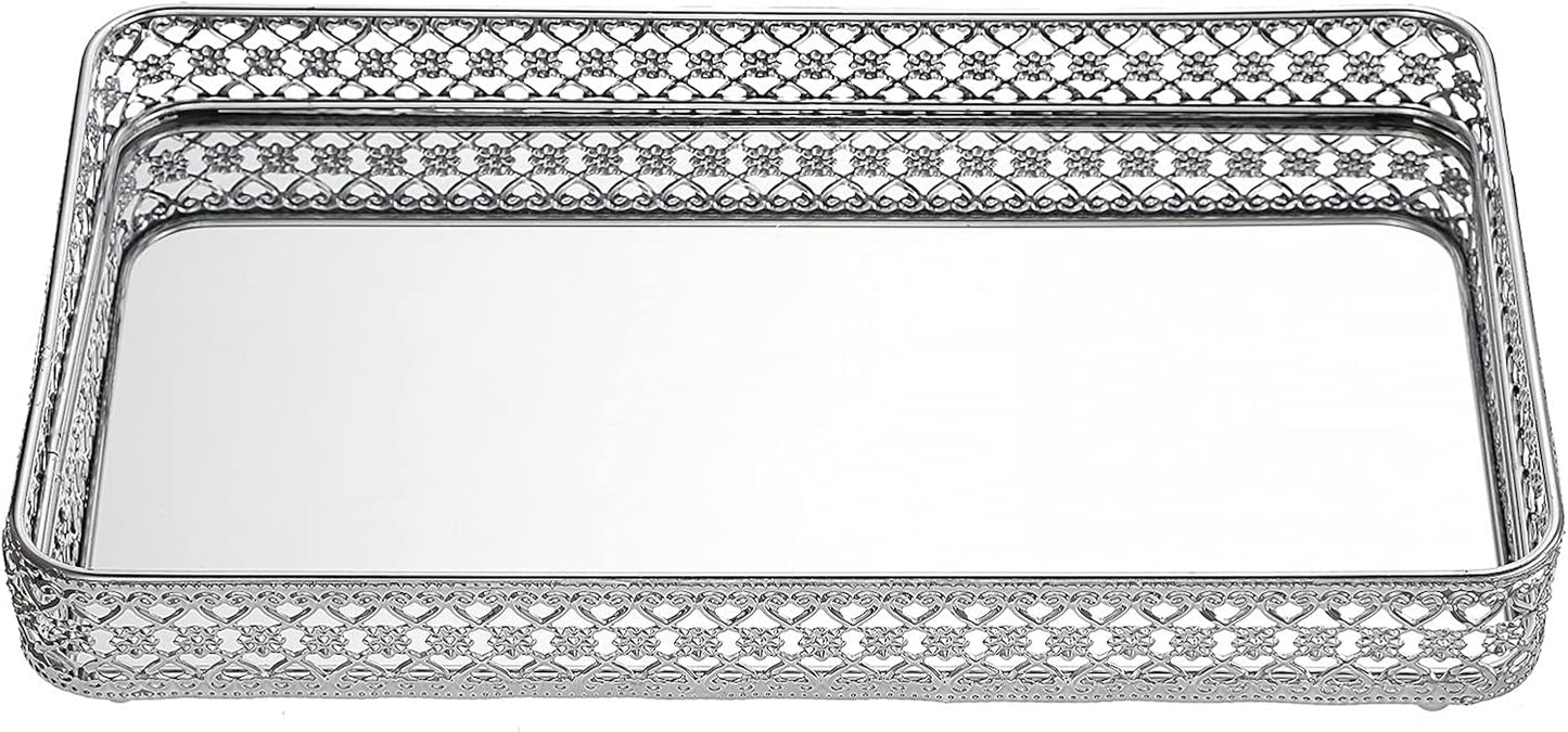 ELLDOO Perfume & Makeup Vanity Tray - Hollow-Carved Jewelry Storage, Glass & Metal Trinket Organizer for Dresser & Bathroom Countertop, Gold, Medium Size