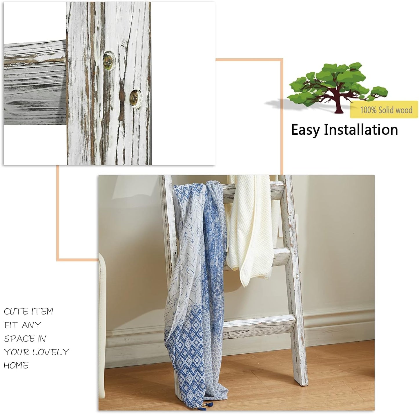 FUIN 5ft (58") Wood Blanket Ladder Living Room Decorative Wall Leaning Farmhouse Quilt Display Holder Storage Rustic Wooden Towel Rack for Bathroom, Brown