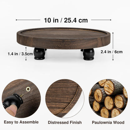 Tikea Farmhouse Wood Display Riser, 10 in. Farmhouse Pedestal Stand for Kitchen Bathroom Counter Decor, Round Display Tray for Soap Dispenser and Plant (Brown)