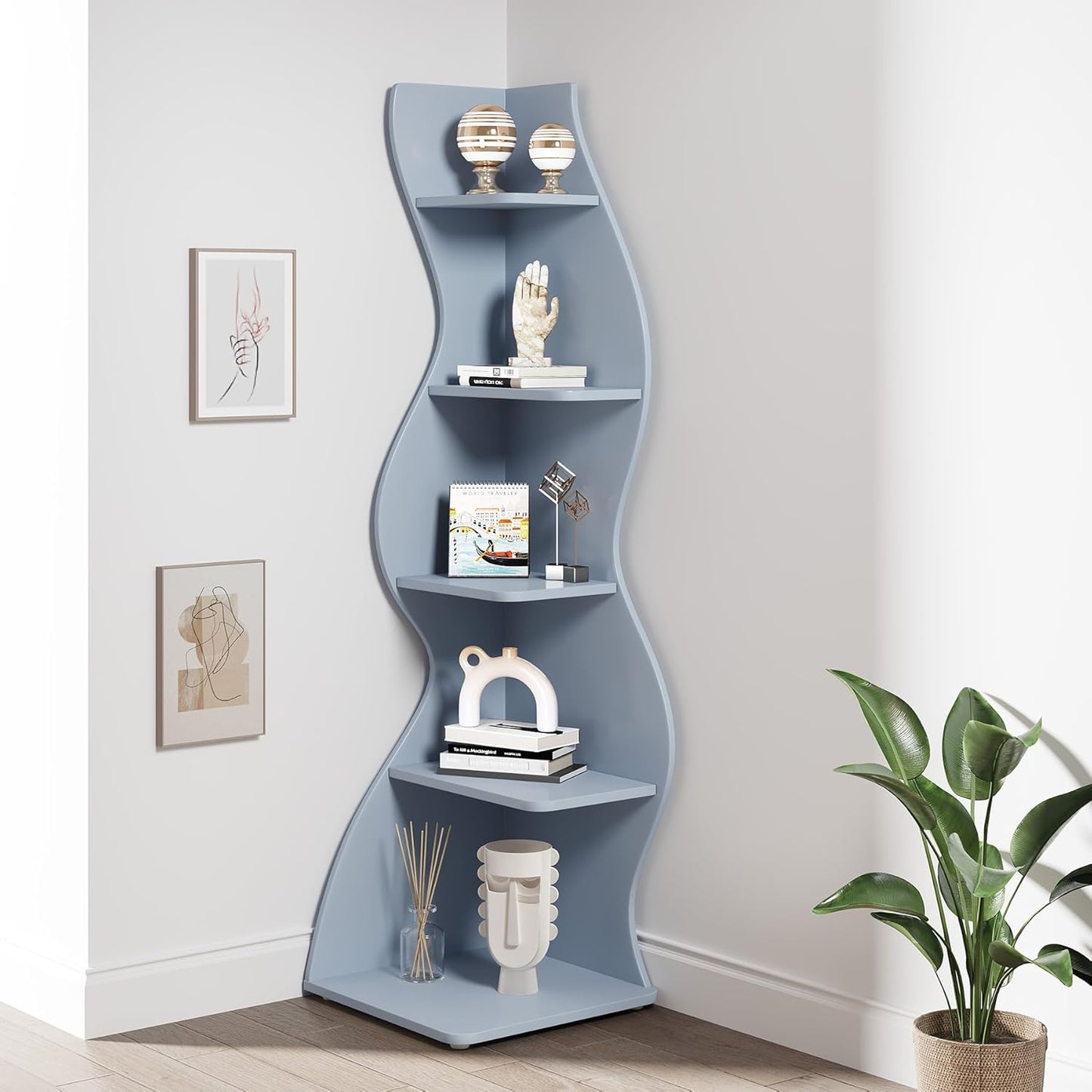 Tribesigns Corner Shelf, Modern 5-Tier Wall Corner Bookshelf, Stylish Corner Small Bookcase Storage Rack Plant Stand with Unique Shape for Living Room, Home Office (White, 1PC)