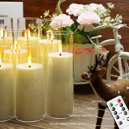 kakoya Flickering Flameless Candles Battery Operated with Remote and 2/4/6/8 H Timer Acrylic Led Pillar Candles Pack of 9 (appr D2.3"xH5.5"6.5"7.5")with Realistic 3D Wick Candles for Home Decor(White)