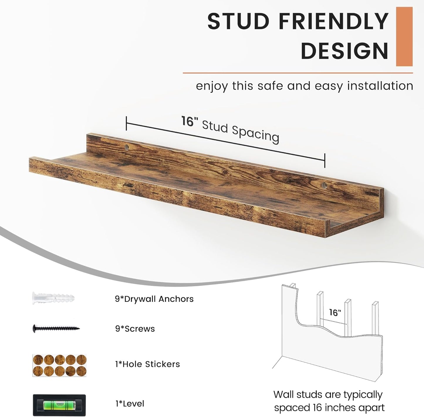 FLYJOE Picture Ledge Shelf, Floating Shelves Set of 2, 48 Inches Long Large Nursery Book Shelves for Toys Storage, Kids Bookshelf Wall Mounted for Living Room Bedroom Decor Books Photo Frames, Walnut