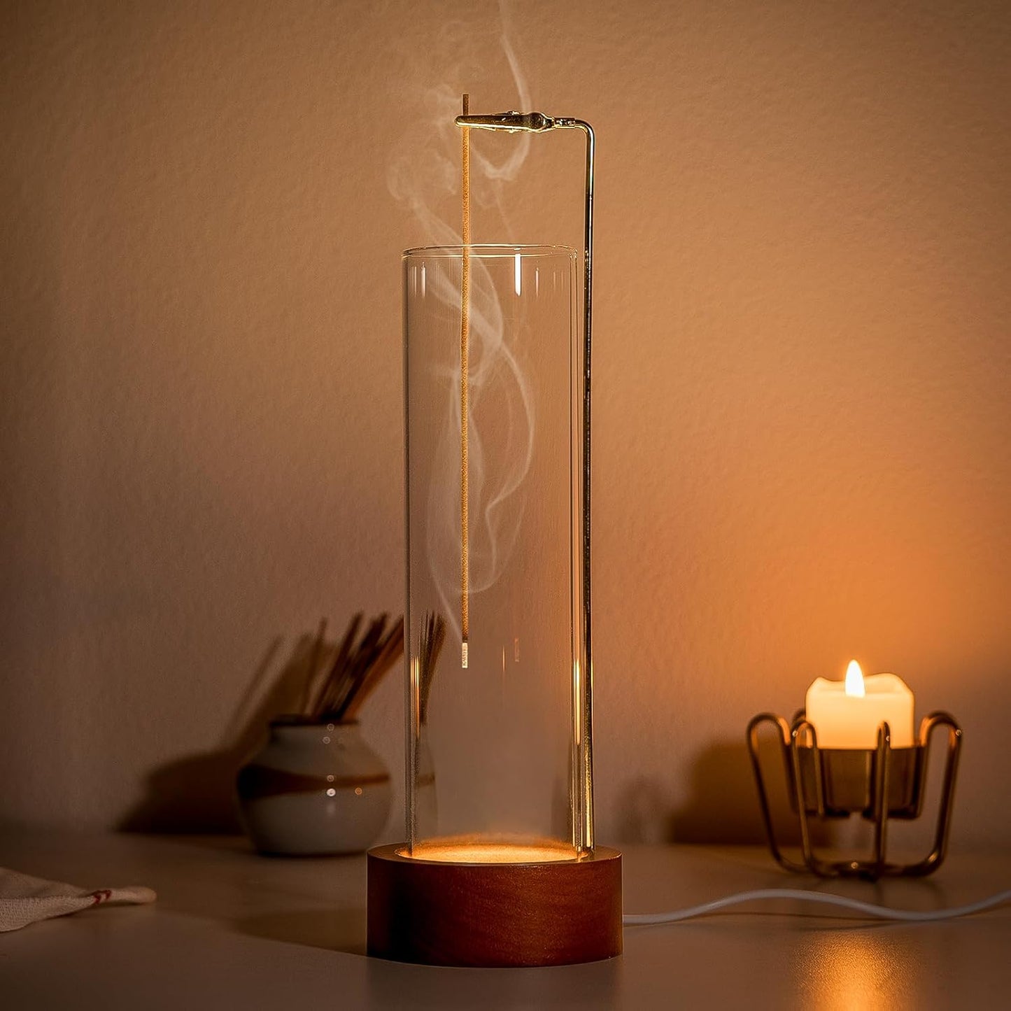 Incense Holder for Sticks, Anti-Ash Flying Incense Burner with 30 Incense Sticks, Detachable Glass Ash Catcher (Wood, Brown)