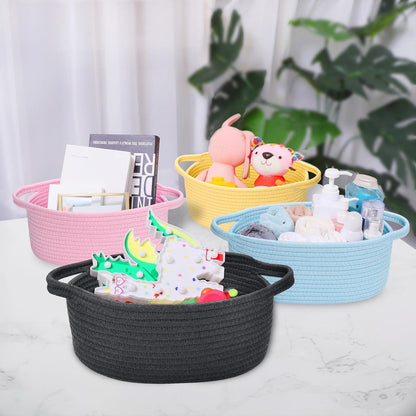 ABenkle Small Basket with Handles, Boho Decorative Rope Woven Dog Cat Toy Storage Bin Shelf Storage Organizer, Easter Christmas Gift Basket, 12"x8"x5", White