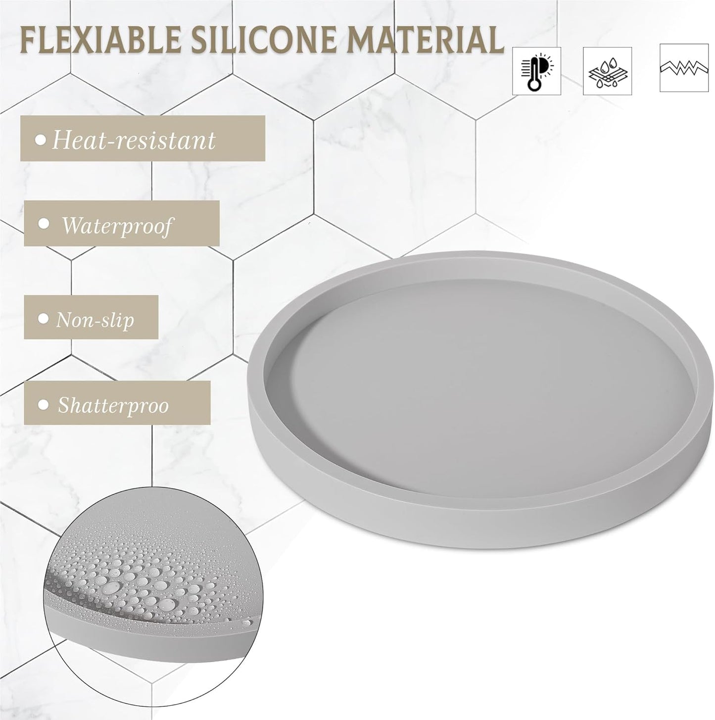 Silicone Bathroom Tray Round Vanity Tray Decorative Soap Holder Kitchen Countertop Organizer Coffee Table Decor for Candle, Perfume, Plant, 9 Inch, Black
