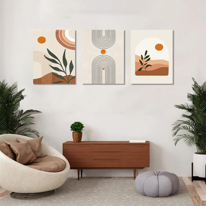 Sage Green Boho Wall Art Set of 3, Minimalist Framed Wall Art Geometric Line Leaf Sun Moon Beige Green Canvas Artwork Paintings, Abstract Botanical Boho Room Decor, Office, 12"x16"
