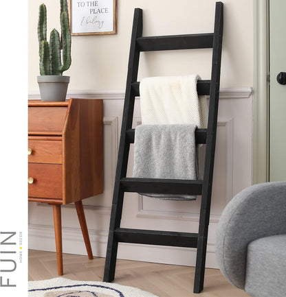 FUIN 5ft (58") Wood Blanket Ladder Living Room Decorative Wall Leaning Farmhouse Quilt Display Holder Storage Rustic Wooden Towel Rack for Bathroom, Brown