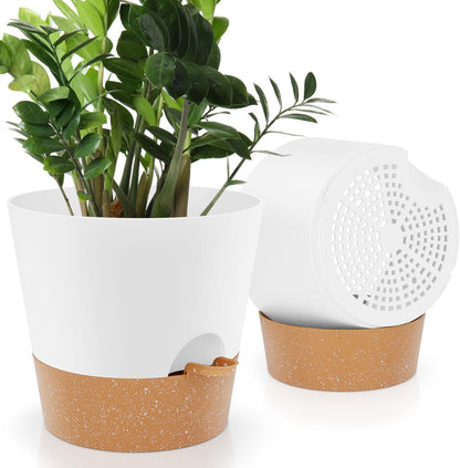YNNICO Indoor Self Watering Planters with Drainage Holes and Saucers, 8, 7, 6.5, 6, 5.5, 5 Inches, Black, 6 Pots
