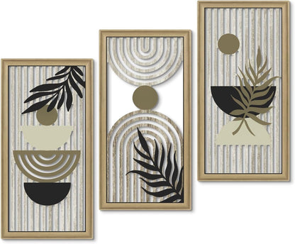 Putuo Decor Boho Abstract Wall Art, Set of 3, Modern Botanical Wooden Wall Decor, Blue Mid-Century Minimalist Framed Artwork for Living Room Bedroom, Office
