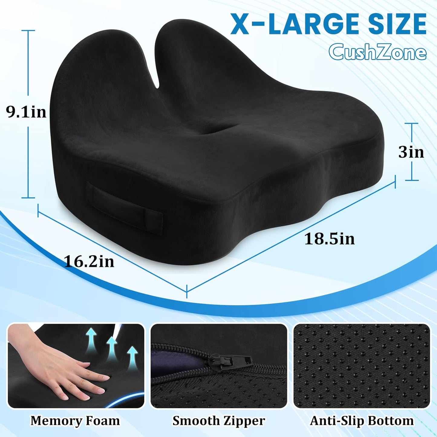 CushZone Seat Cushion, Ergonomic Memory Foam Seat Cushions for Office Chairs, Car, Long Trip, Desk Chair, Lab, Extra Large Size for Sciatica & Hip & Tailbone Pain Relief, Sciatica Support (Black)