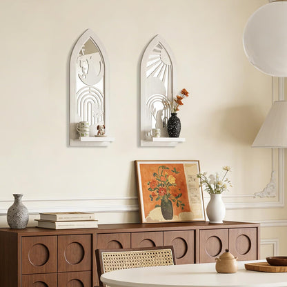 Wood Wall Sconce Candle Holder Set 2, Rustic Wall-Mount Candle Holders, Farmhouse Hanging Wall Décor, Carved Wood Frame, Mirrored Candle Holder (Distressed White)