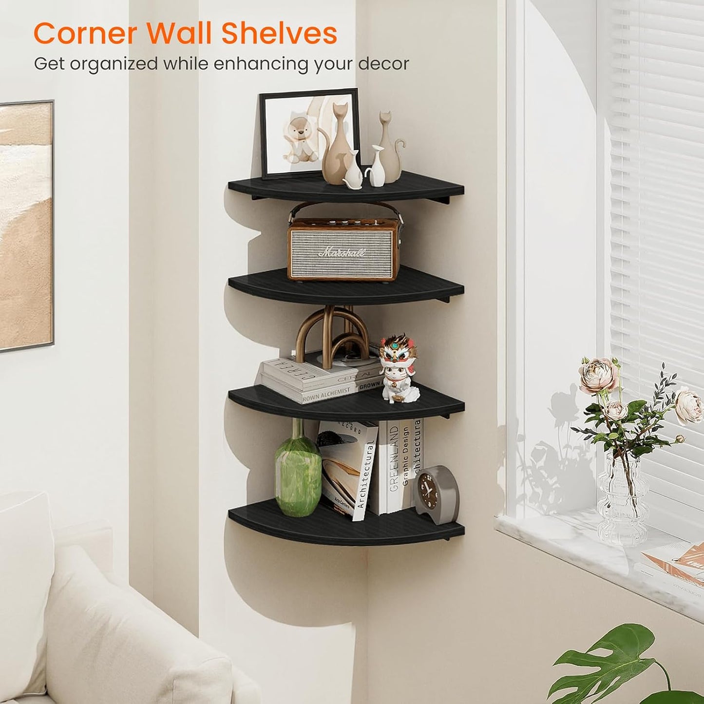Homode Corner Wall Shelf, 12 in Wide Rounded Corner Shelf Floating, Set of 2 Wooden Hanging Corner Shelves with Wire Hole for Bathroom Living Room Office, White