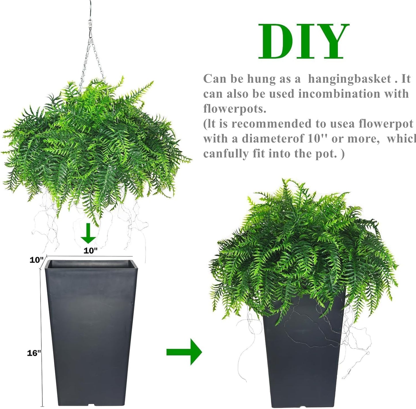 Outdoor Fake Hanging Fern – Artificial Hanging Ferns 2 Pack, Large Faux Boston Fern Bushes, UV Resistant Outdoor Hanging Plants for Front Porch, Patio & Indoor Decor