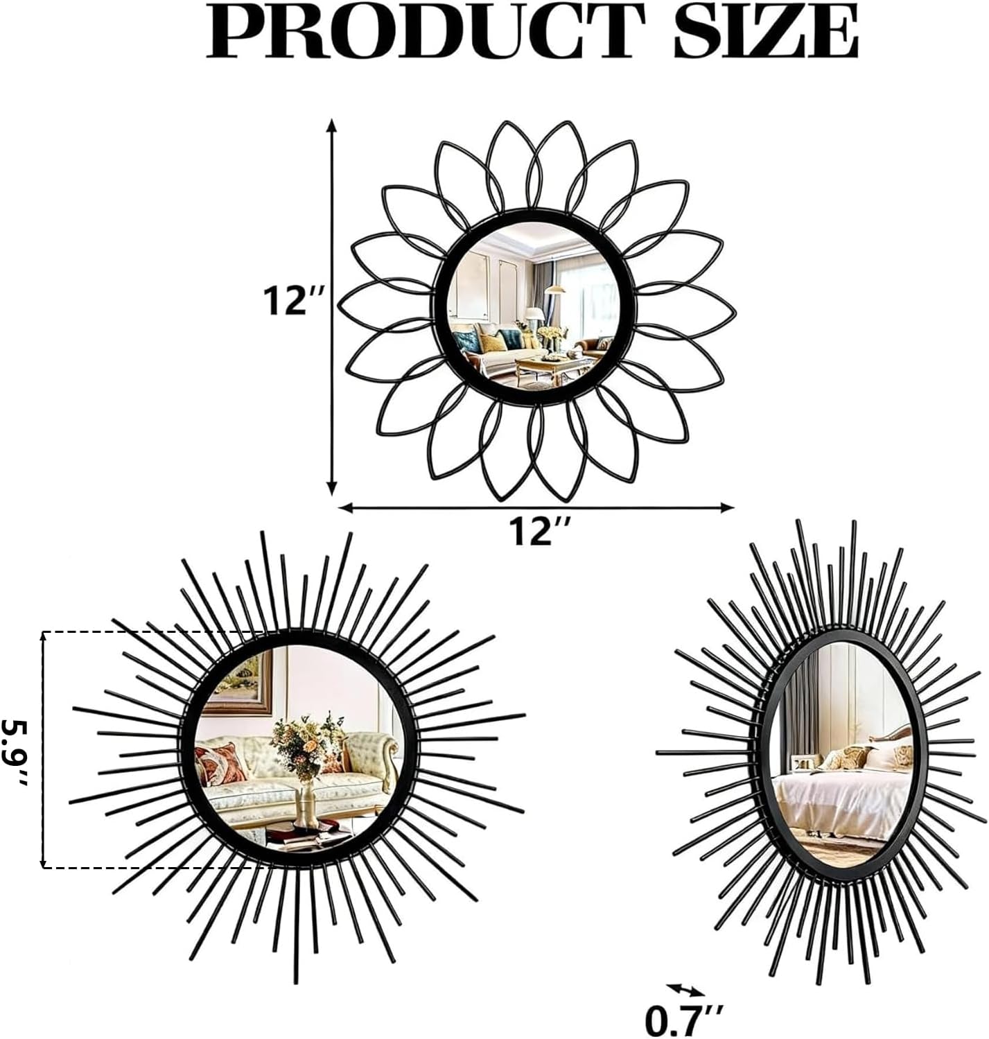 Boho Sunburst Wall Mirror Set of 3, 12 Inch Round Antique & Modern Metal Wall Art, Hanging Over The Door Mirrors for Wall Decor in Living Room, Bedroom, Bathroom, Entryway（Gold）