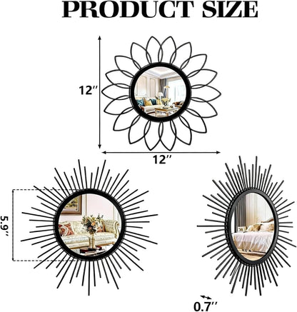Boho Sunburst Wall Mirror Set of 3, 12 Inch Round Antique & Modern Metal Wall Art, Hanging Over The Door Mirrors for Wall Decor in Living Room, Bedroom, Bathroom, Entryway（Gold）