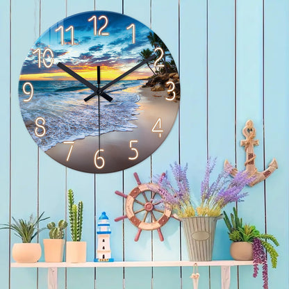 Beach Wall Clock Battery Operated 12 Inch Glass Wall Clock Non Ticking Analog Blue Wall Clocks for Bedroom Living Room Office Decor