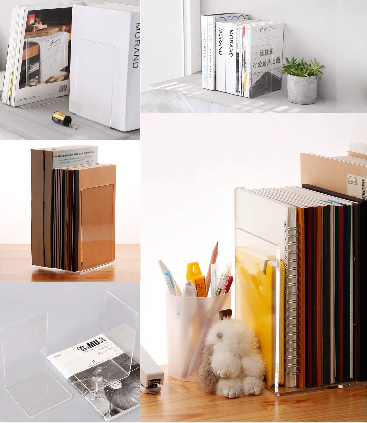 MerryNine Clear Book Ends 2pcs, Acrylic Bookends for Shelves, Non-Slip Bookend Decorative for Heavy Duty Book, Books Holder Stopper for Kids, Bookshelf Dividers Books Organizer for Office Home School