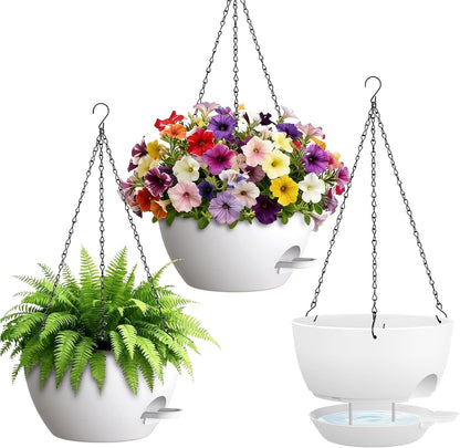 UOUZ Set of 3-10 Inch Self Watering Hanging Planters for Indoor Outdoor，Hanging Plant Pots with Drainage & Removable Tray, Hanging Pots Holder for Ivy, Pothos, Ferns, Balcony & Patio, Black with Brown