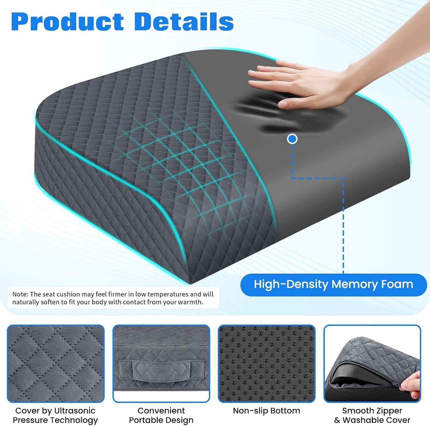 Seat Cushion, Memory Foam Chair Pad for Sciatica & Hip Pain Relief, Non-Slip Cushion for Office, Home, Car, Large Desk Chair Cushion, Washable Cover & Handle, Large, Black