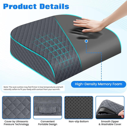 Seat Cushion, Memory Foam Chair Pad for Sciatica & Hip Pain Relief, Non-Slip Cushion for Office, Home, Car, Large Desk Chair Cushion, Washable Cover & Handle, Large, Black