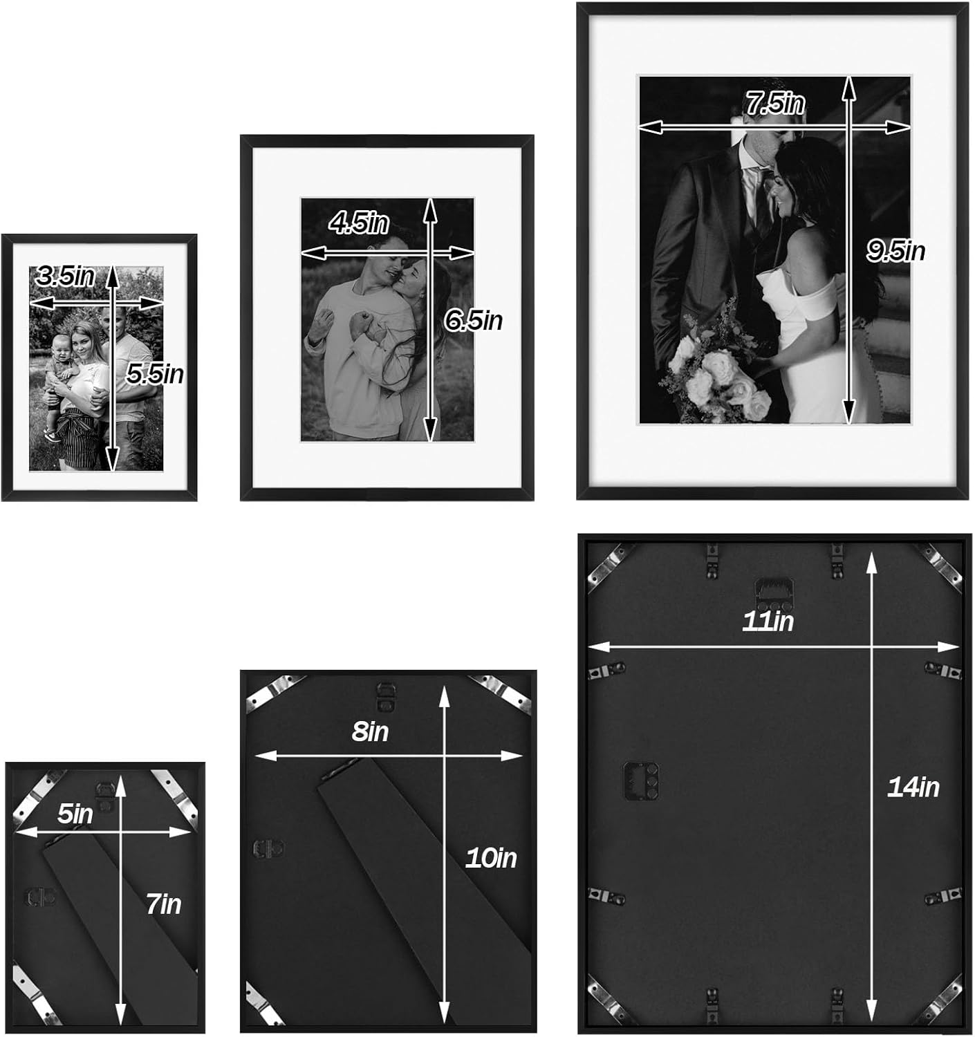 Frametory, Black Aluminum Picture Frame with Removable Mat - Set of 7 Includes Four 5x7, Two 8x10, One 11x14 - Real Glass Front - Simple Gallery Wall Frames for Art Prints and Posters