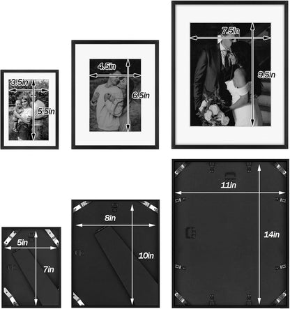 Frametory, Black Aluminum Picture Frame with Removable Mat - Set of 7 Includes Four 5x7, Two 8x10, One 11x14 - Real Glass Front - Simple Gallery Wall Frames for Art Prints and Posters